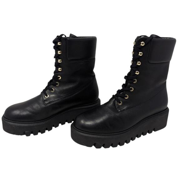Stuart Weitzman Black Leather Platform Combat Boots Size 7.5 Lug Sole - Picture 2 of 5